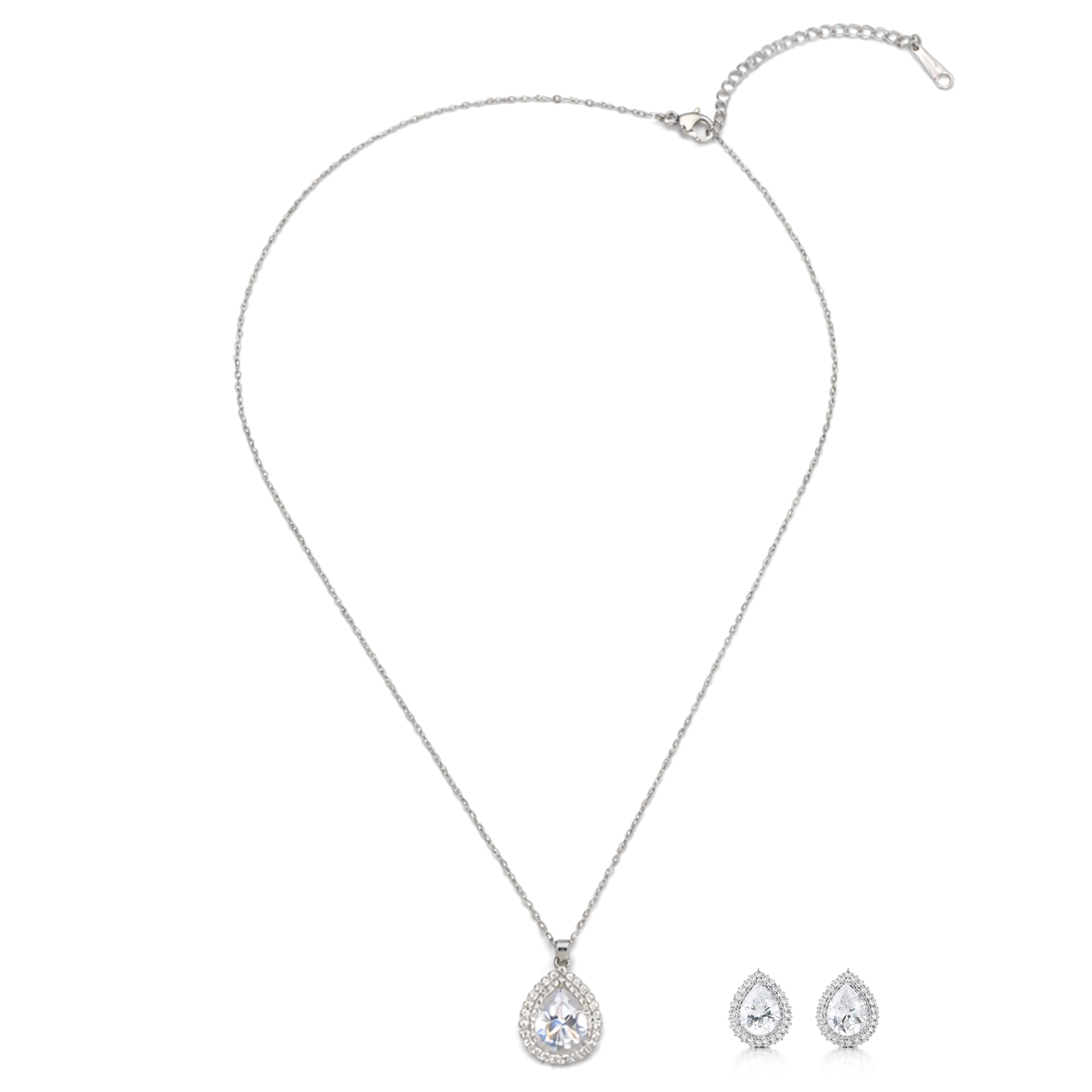 Silver Teardrop Crystal Pendant Necklace Set