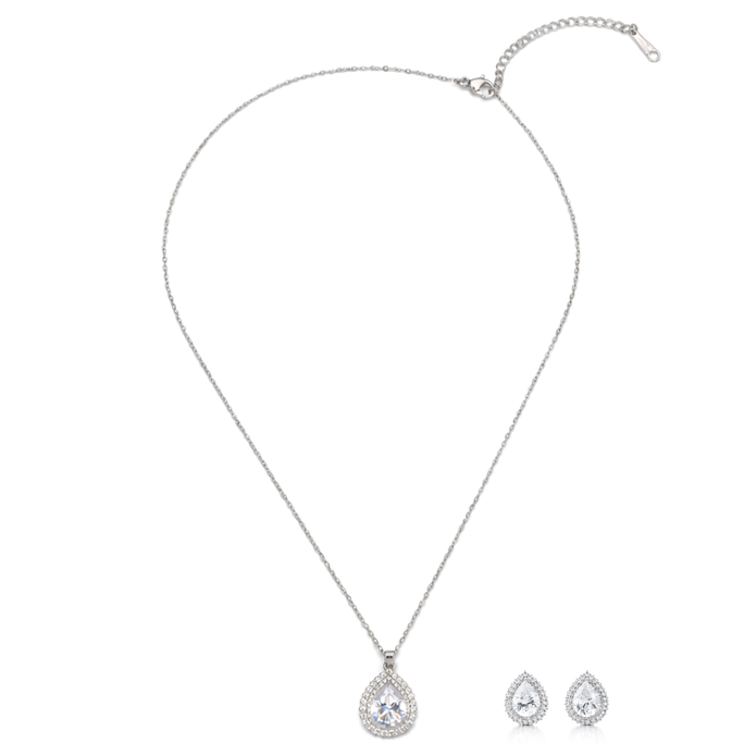 Silver Teardrop Crystal Pendant Necklace Set