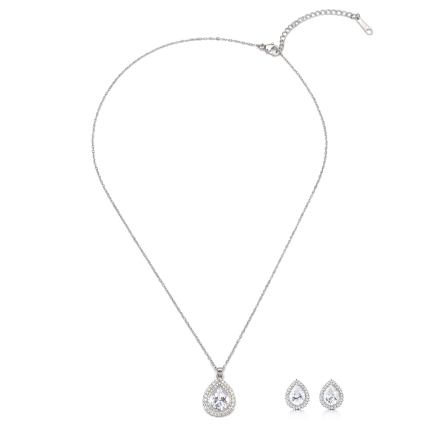 Silver Teardrop Crystal Pendant Necklace Set