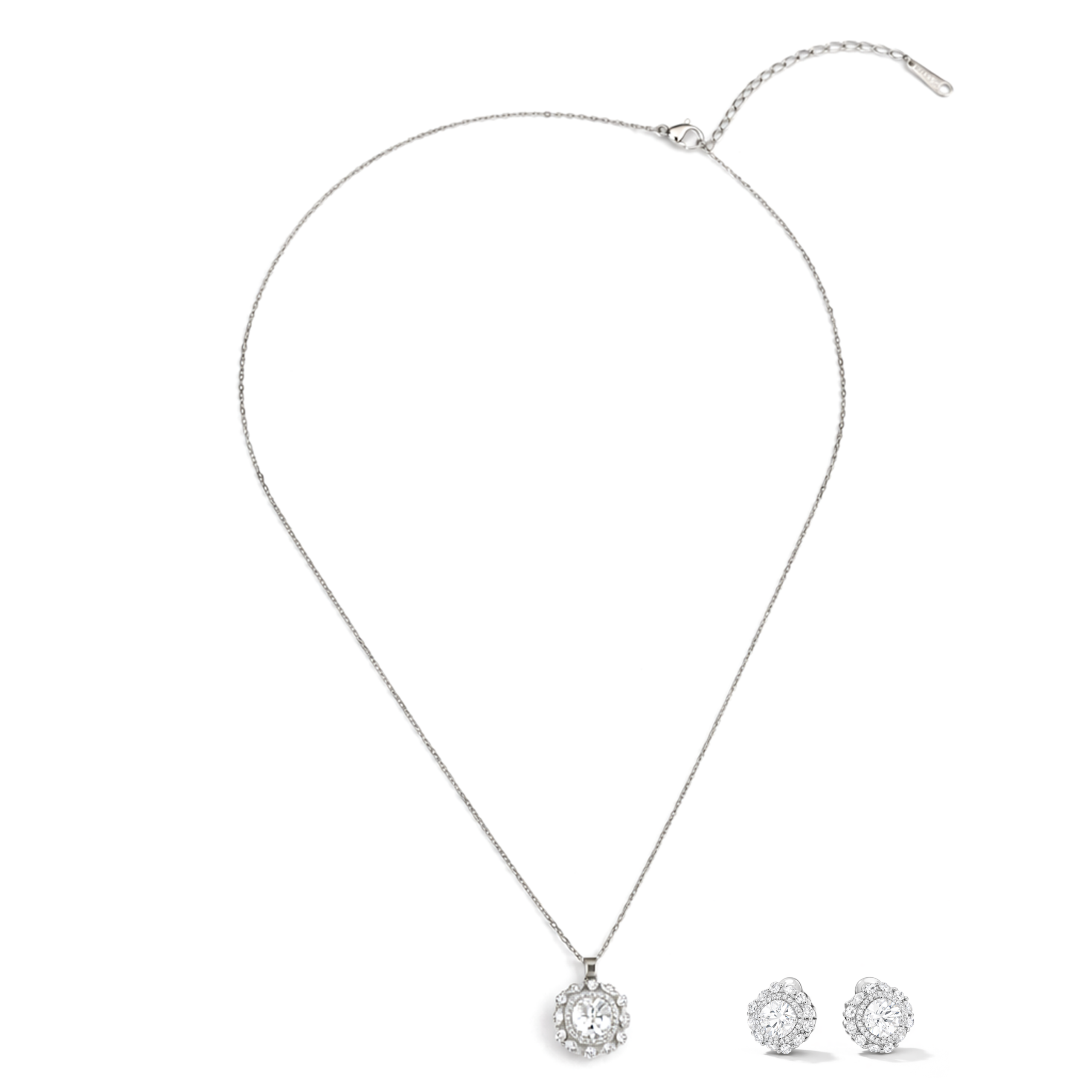 Silver Solitaire Round Crystal Pendant Set