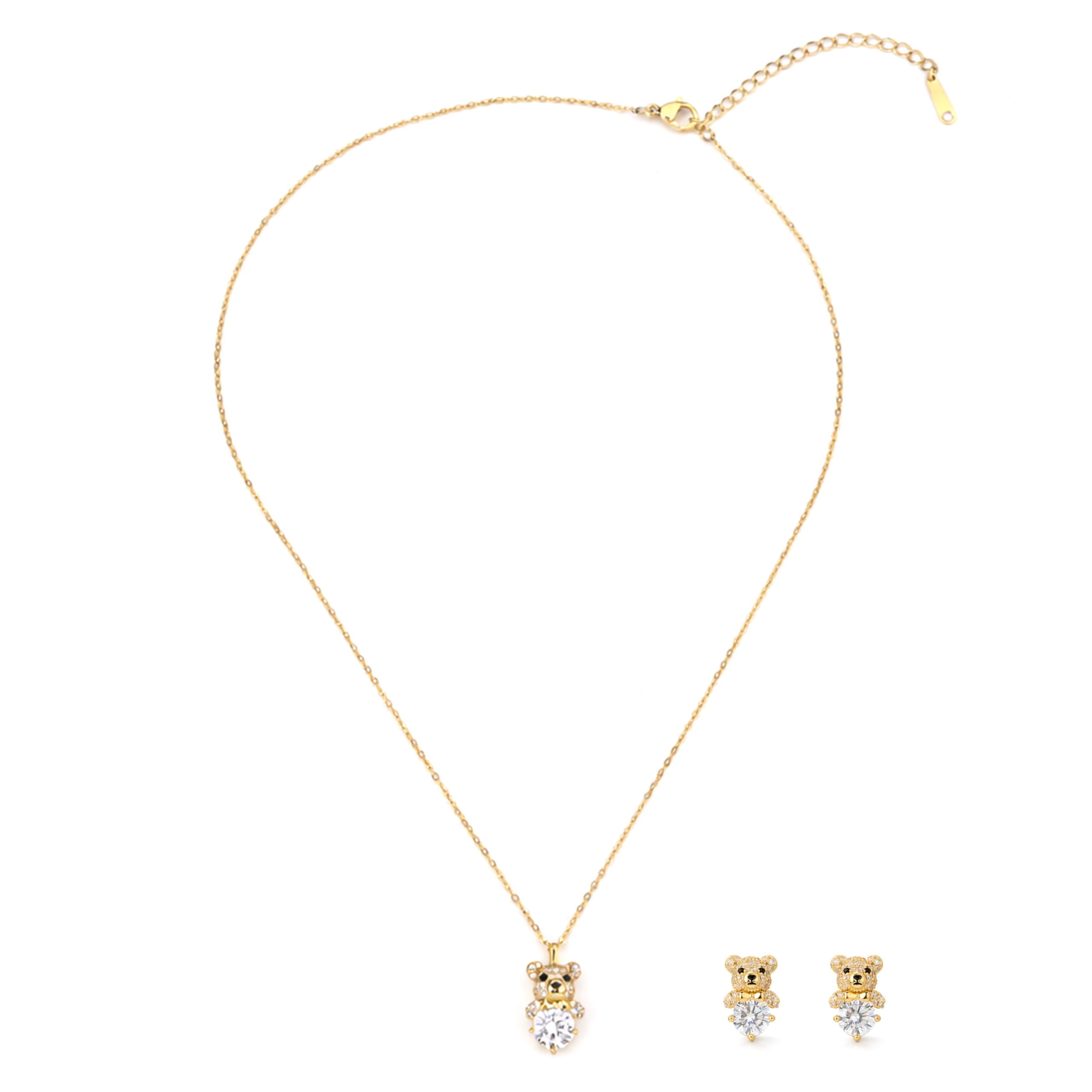 Gold-Tone Teddy Bear Charm Pendant Necklace Set — Gold / Clear - Gold