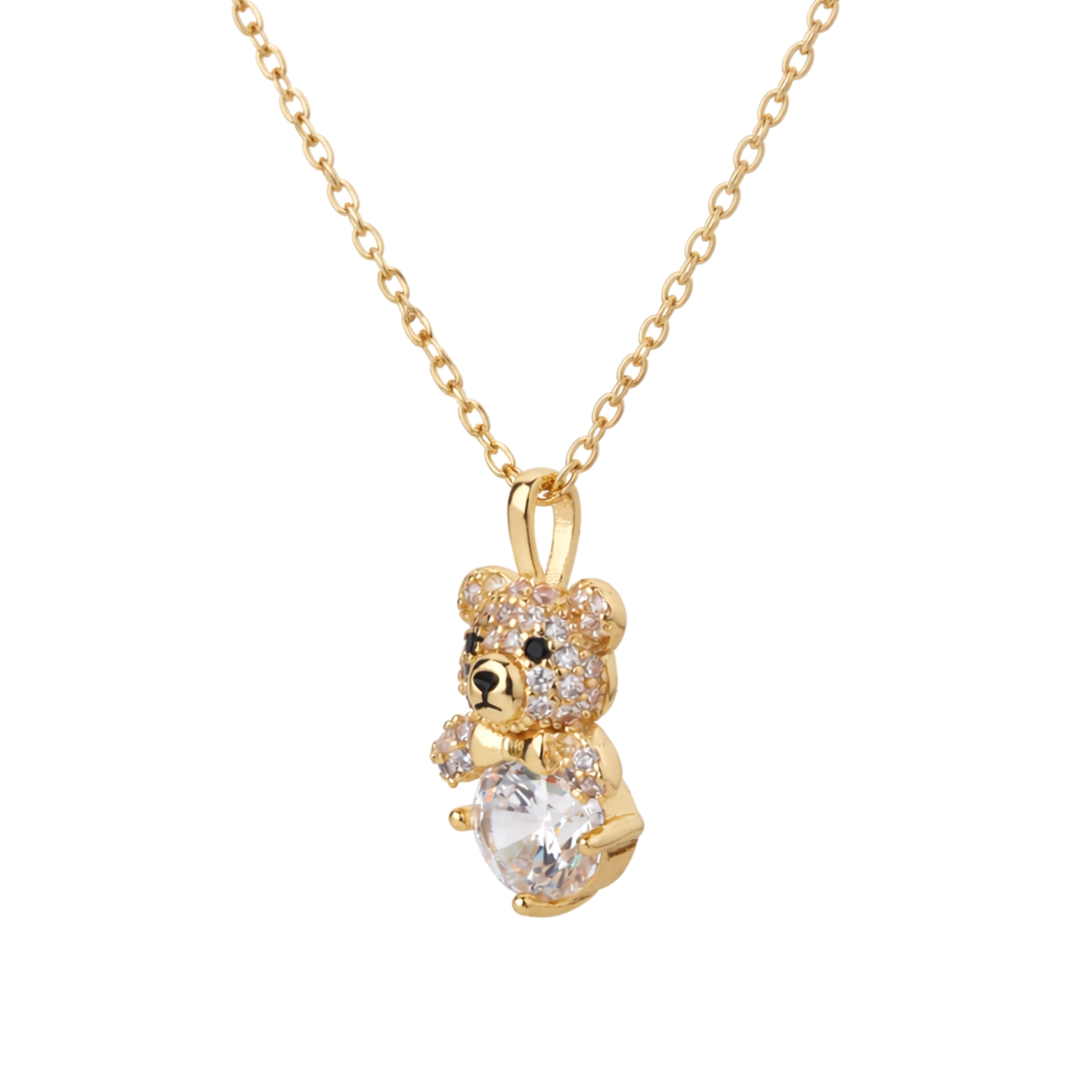 Gold-Tone Teddy Bear Charm Pendant Necklace Set — Gold / Clear - Gold