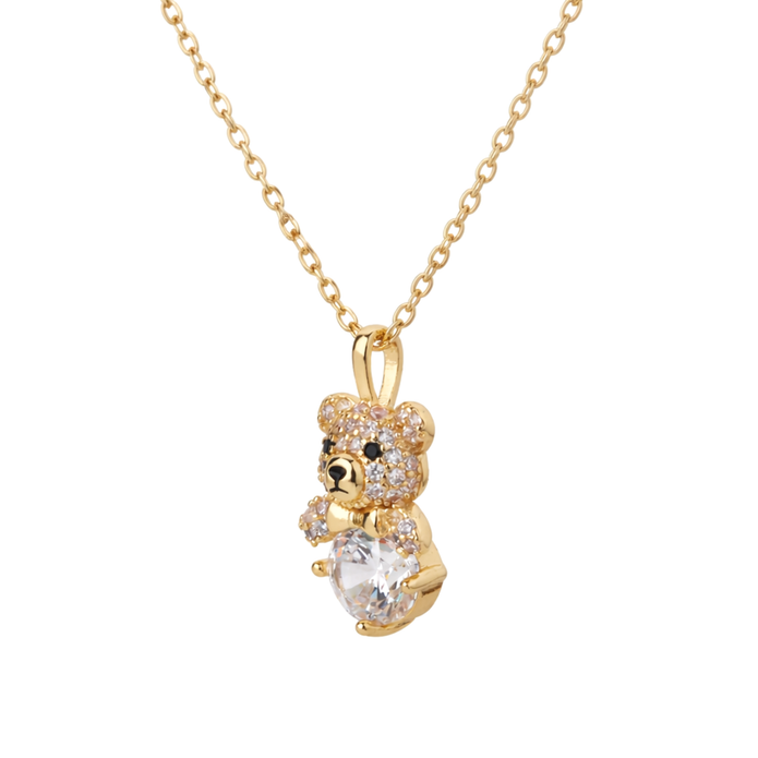 Gold-Tone Teddy Bear Charm Pendant Necklace Set — Gold / Clear - Gold