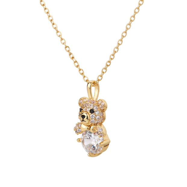 Gold-Tone Teddy Bear Charm Pendant Necklace Set — Gold / Clear - Gold