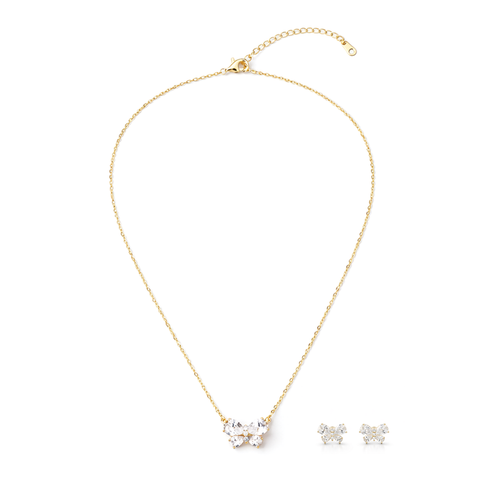 Gold-Tone Crystal Bow Pendant Necklace Set — Gold / Clear - Gold