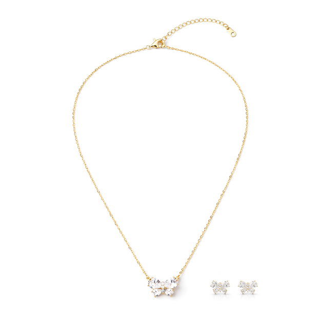 Gold-Tone Crystal Bow Pendant Necklace Set — Gold / Clear - Gold