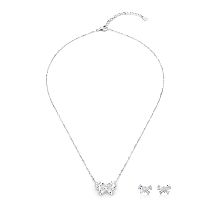 Gold-Tone Crystal Bow Pendant Necklace Set — Gold / Clear - Clear