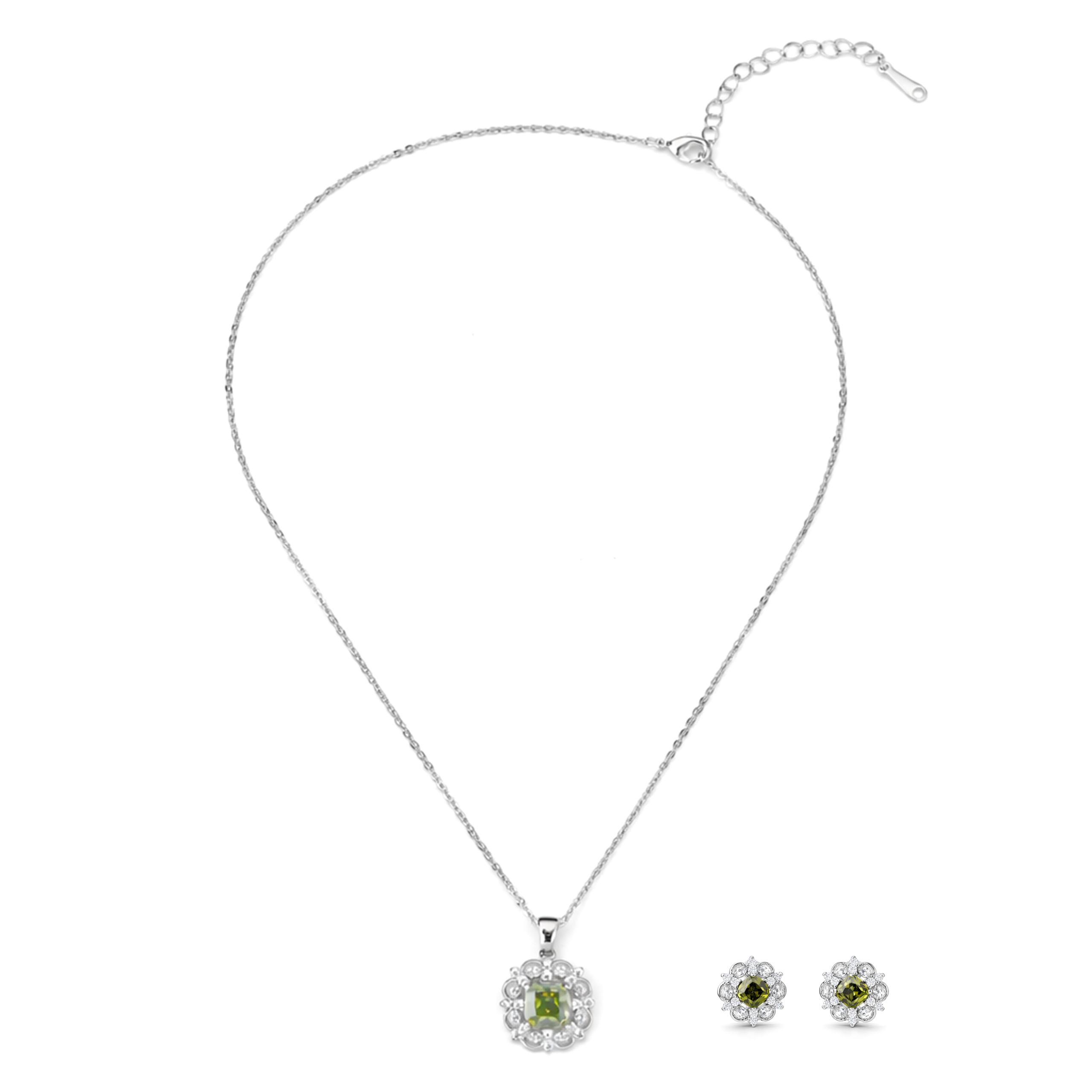 Silver Emerald Green Floral Halo Pendant Necklace Set