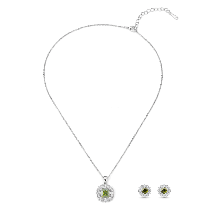 Silver Emerald Green Floral Halo Pendant Necklace Set