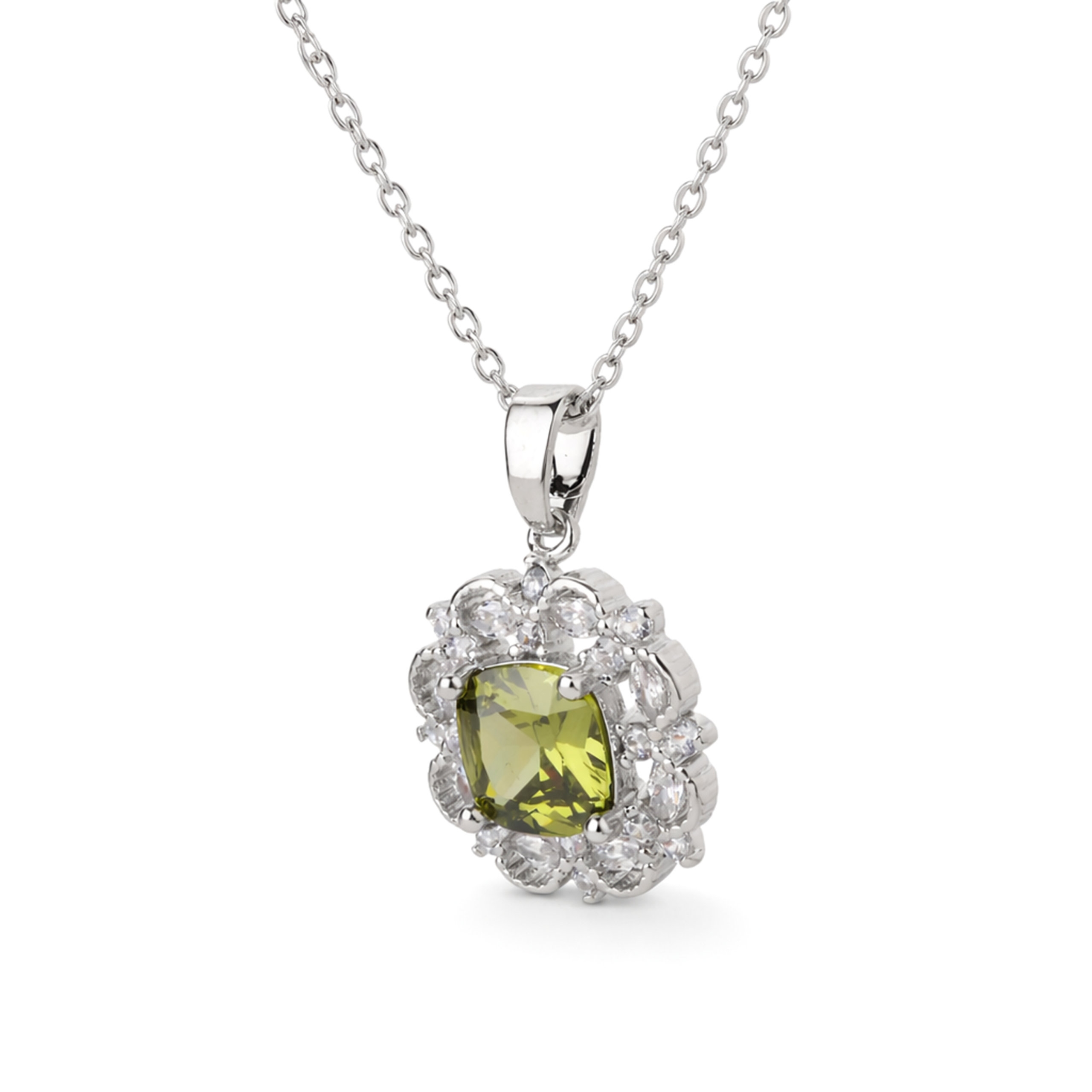 Silver Emerald Green Floral Halo Pendant Necklace Set