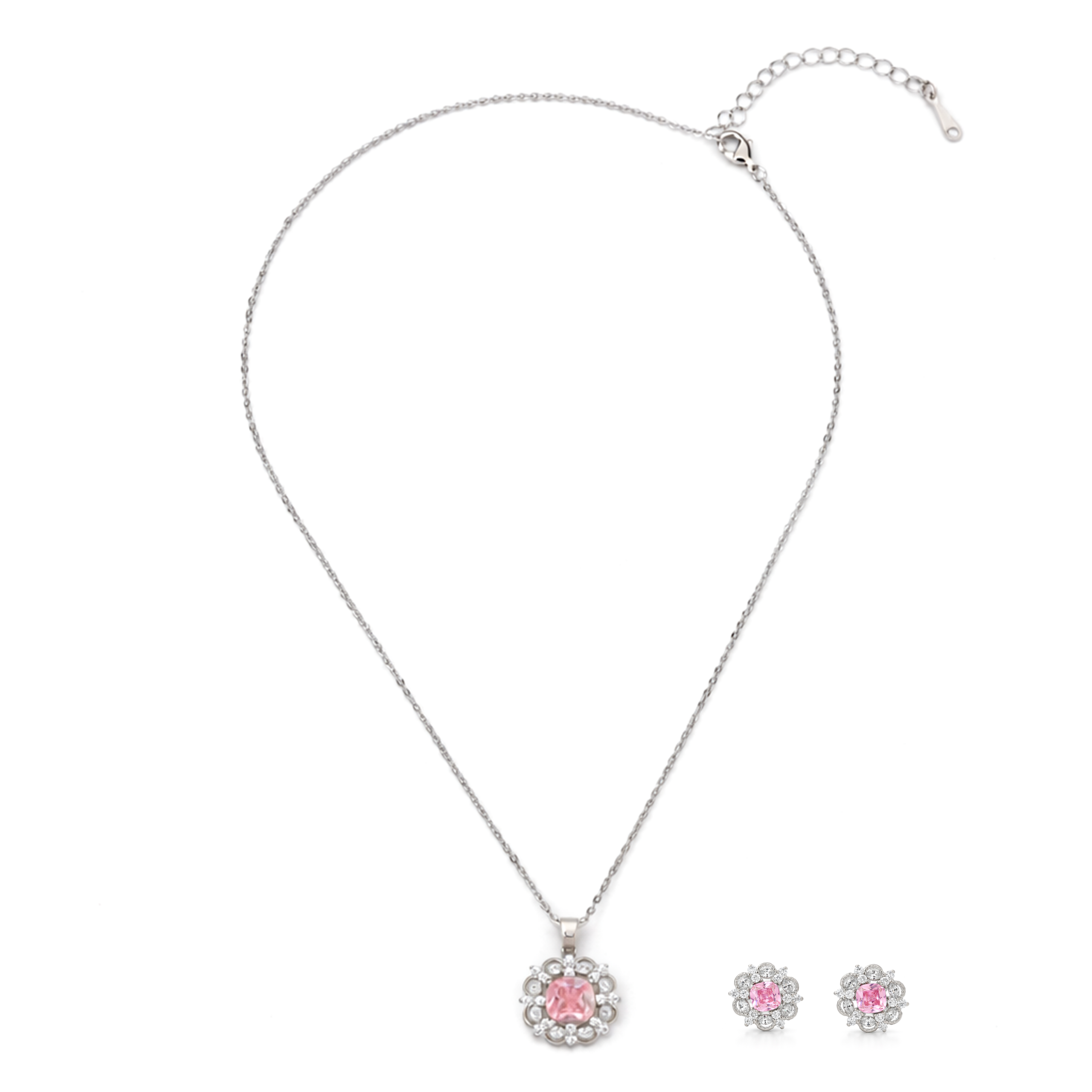 Silver Rose Pink Floral Halo Pendant Necklace Set