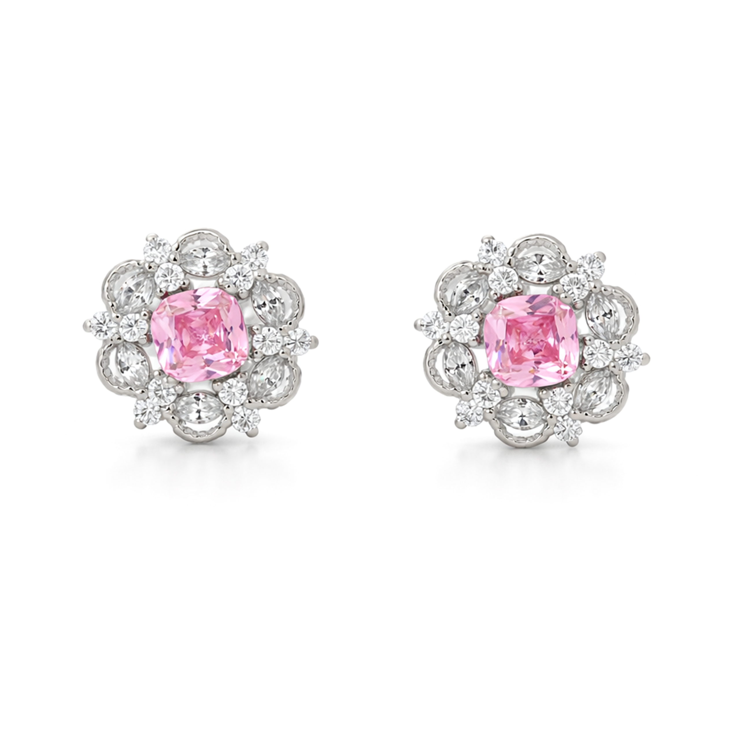 Silver Rose Pink Floral Halo Pendant Necklace Set