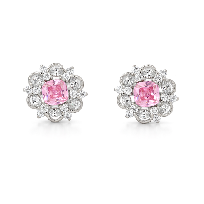 Silver Rose Pink Floral Halo Pendant Necklace Set