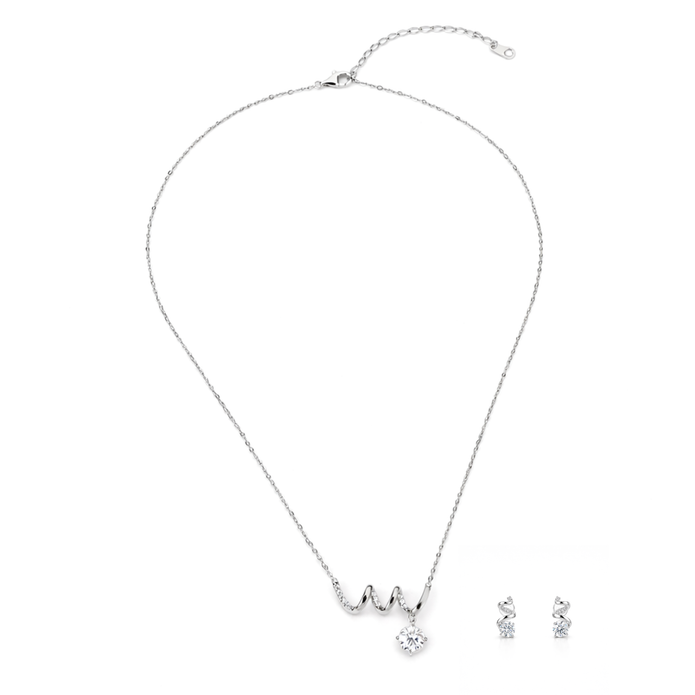 Silver Crystal Wave Pendant Necklace Set