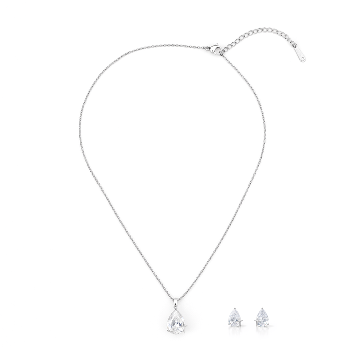 Silver Pear-Cut Crystal Halo Pendant Set
