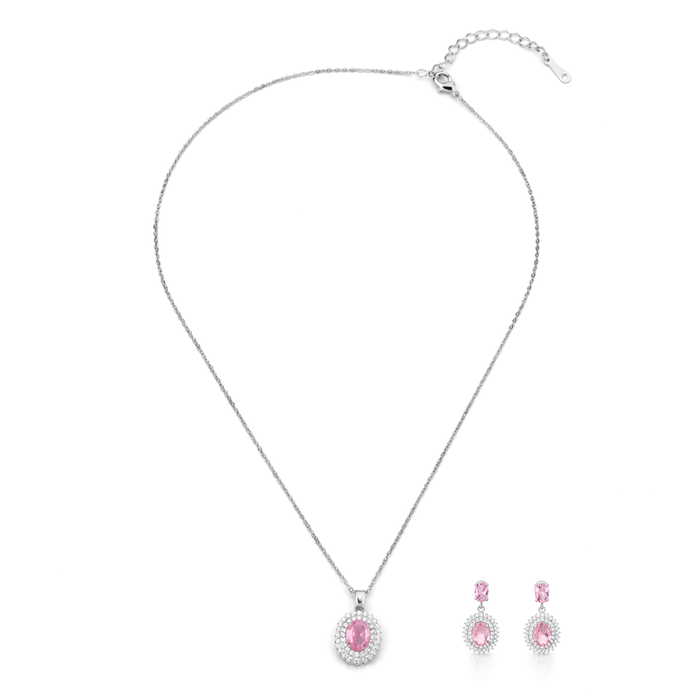 Silver Rose Pink Oval Halo Drop Pendant Set