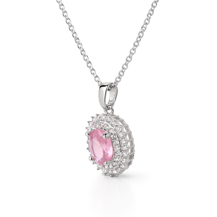 Silver Rose Pink Oval Halo Drop Pendant Set