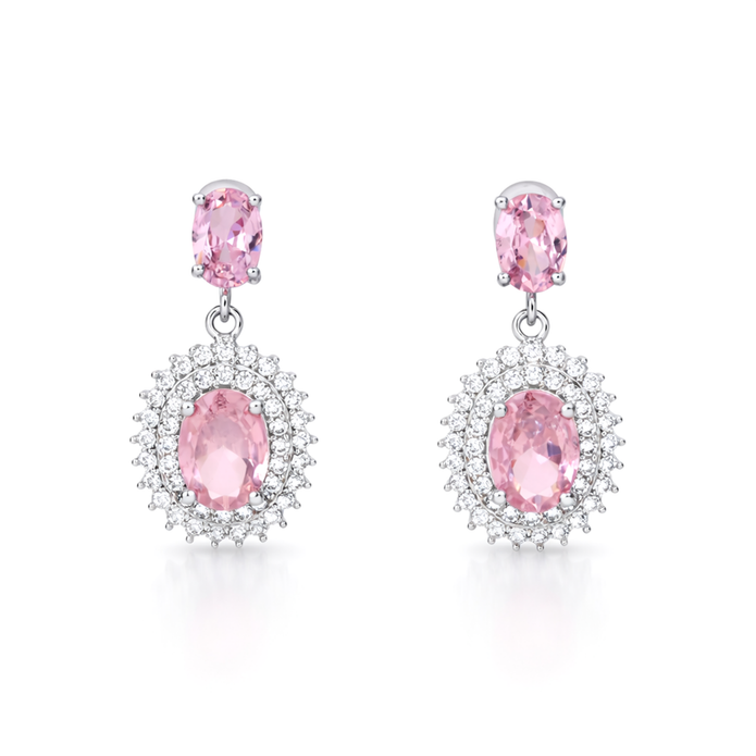 Silver Rose Pink Oval Halo Drop Pendant Set