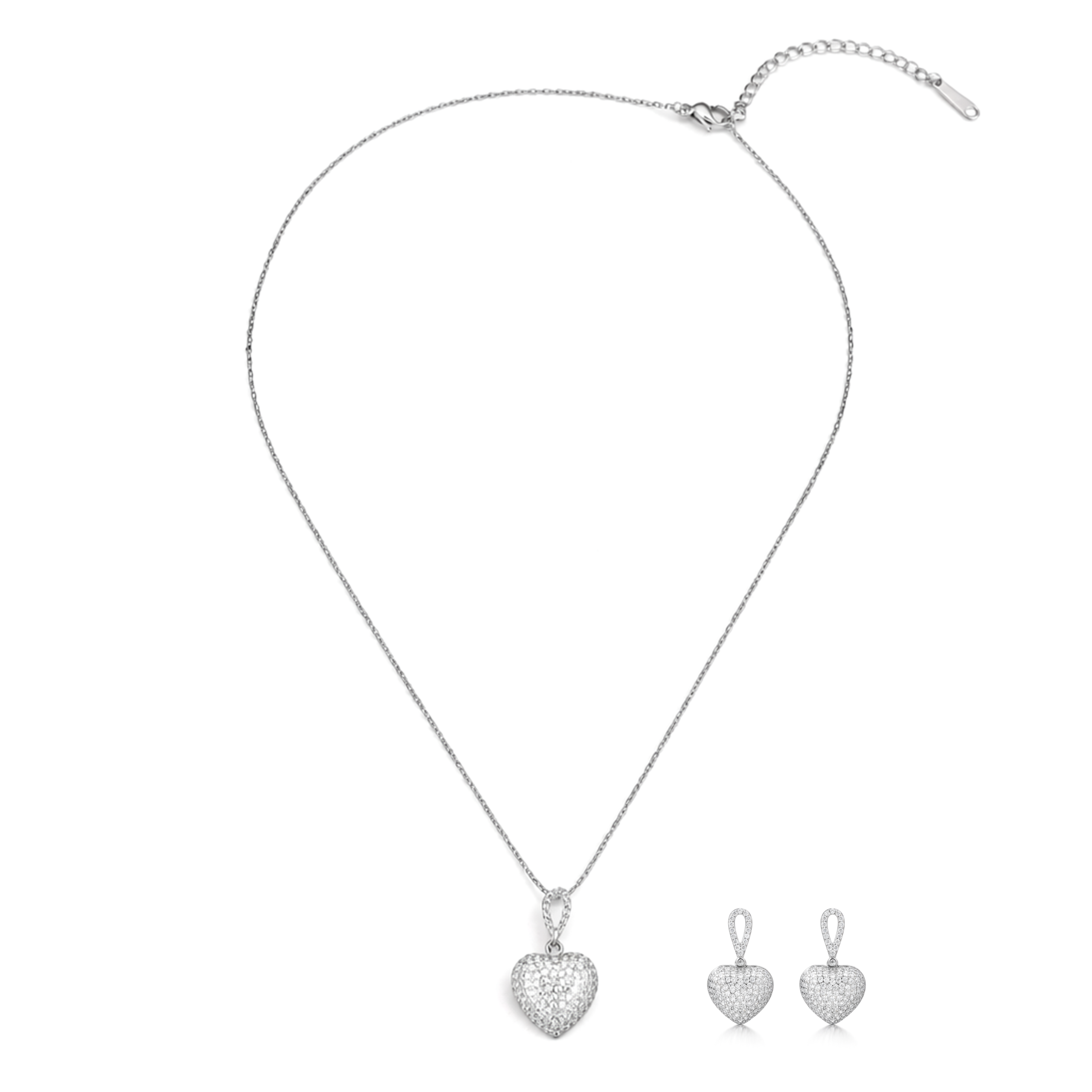 Silver Pavé Heart Crystal Pendant Necklace Set