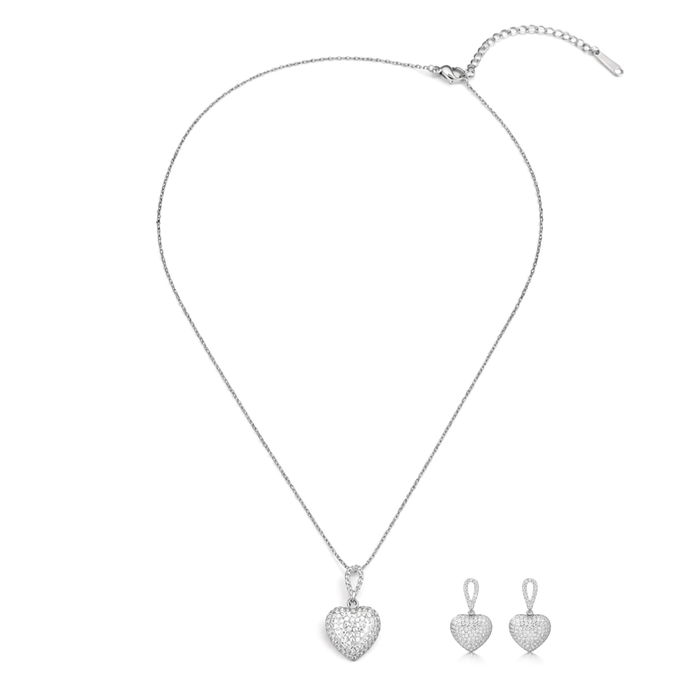 Silver Pavé Heart Crystal Pendant Necklace Set