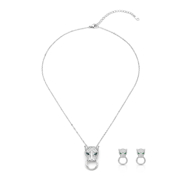 Silver Panther Head Statement Pendant Necklace Set — Silver / Gold - Silver