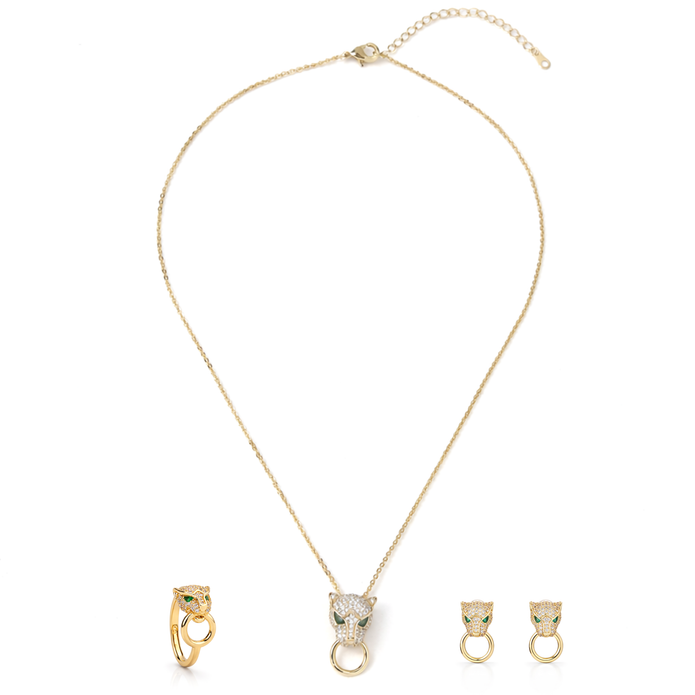 Silver Panther Head Statement Pendant Necklace Set — Silver / Gold - Gold