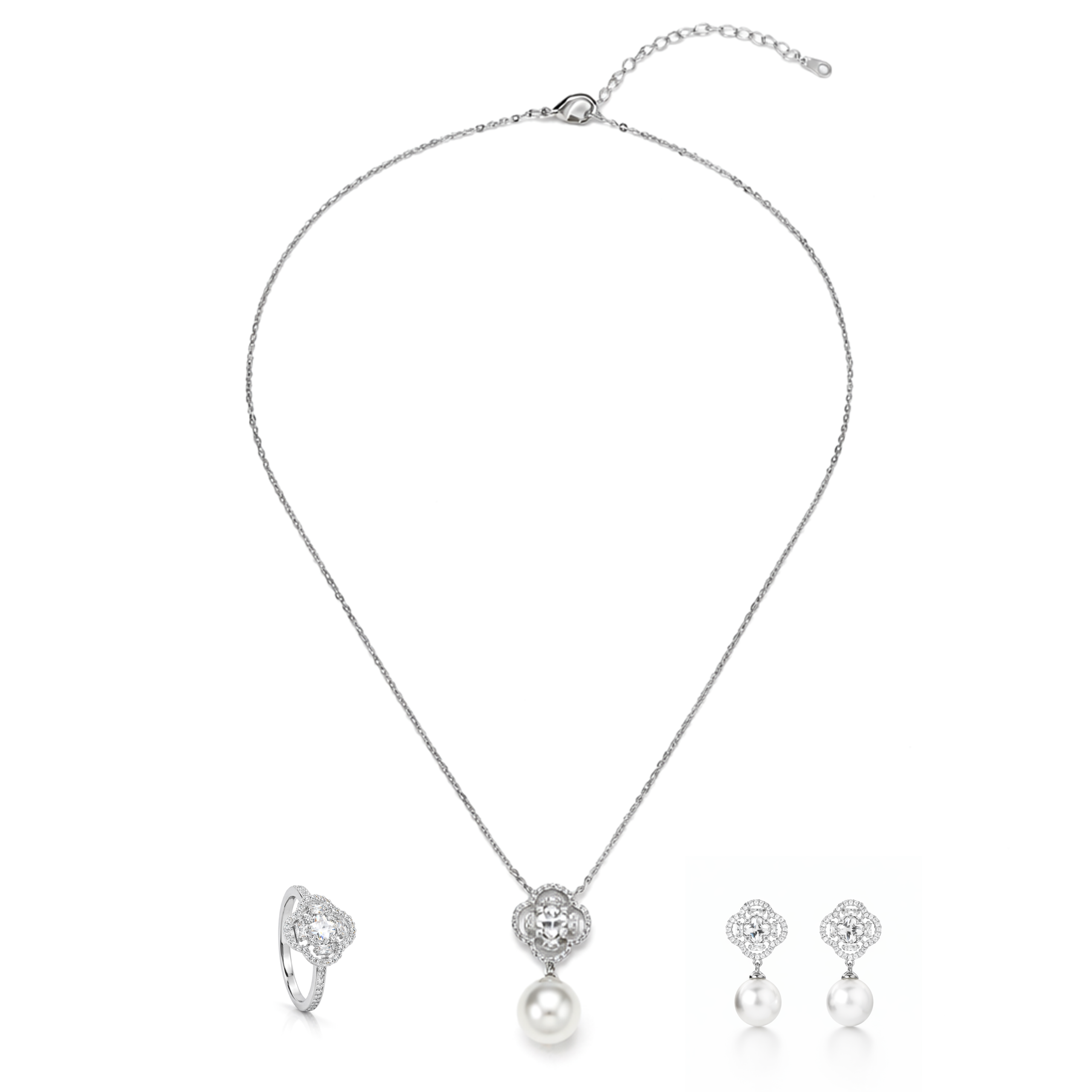 Silver Floral Pearl Drop Pendant Necklace Set