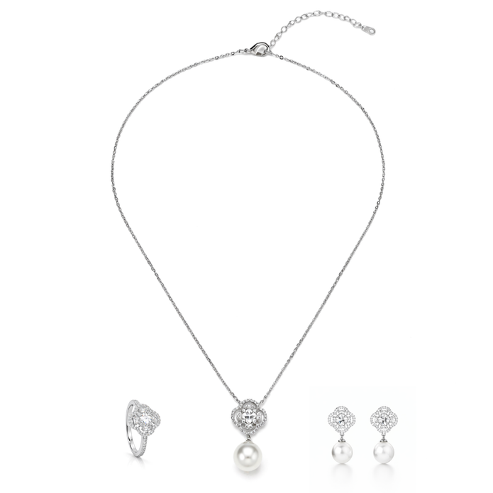 Silver Floral Pearl Drop Pendant Necklace Set