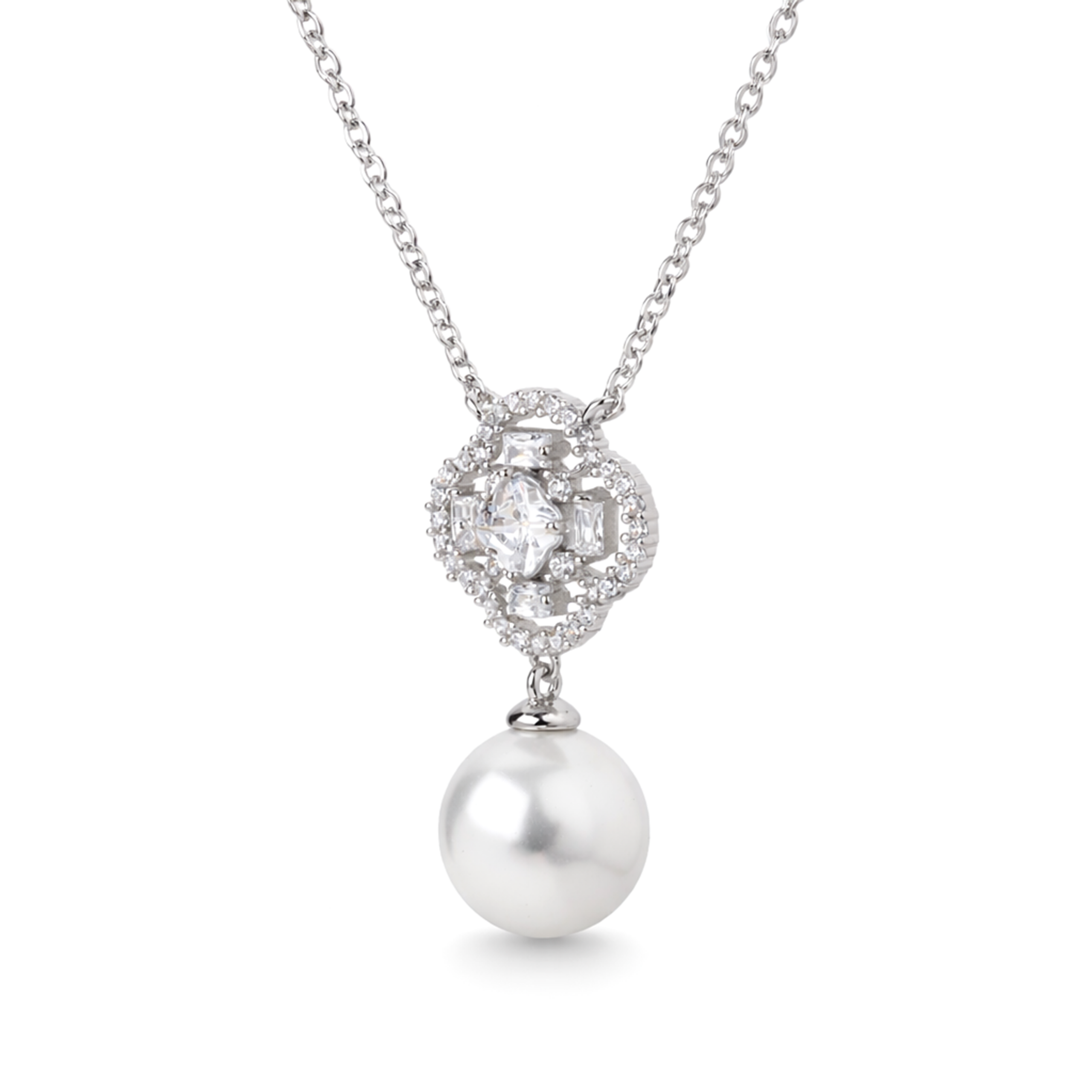 Silver Floral Pearl Drop Pendant Necklace Set