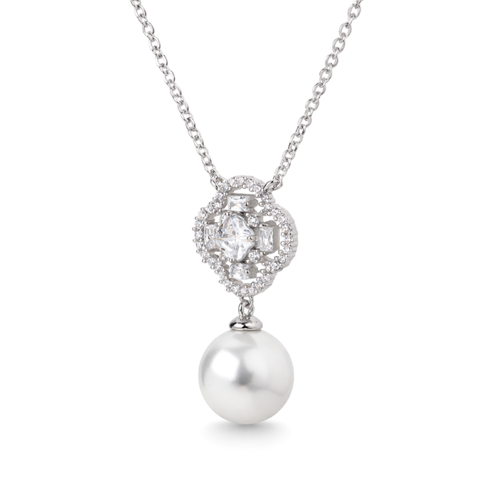 Silver Floral Pearl Drop Pendant Necklace Set