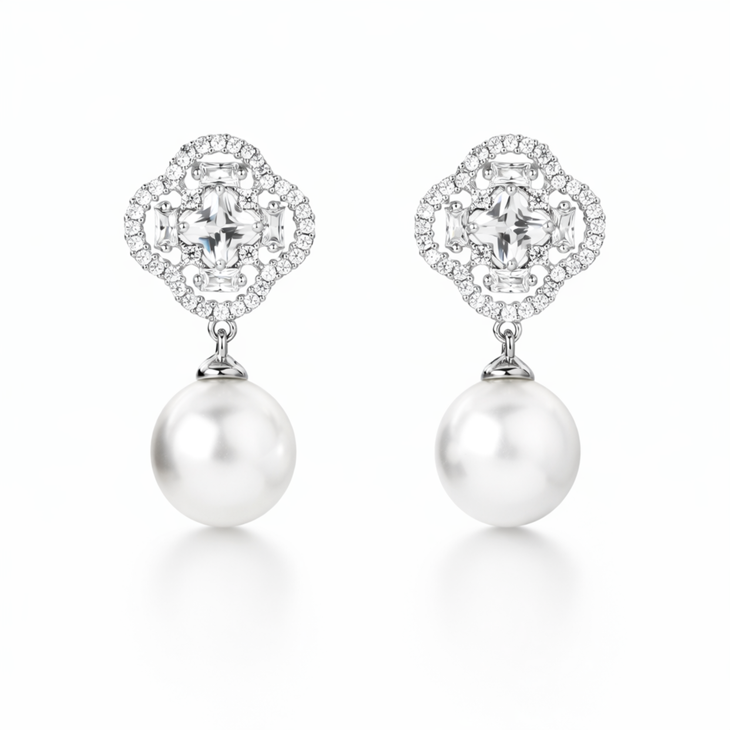 Silver Floral Pearl Drop Pendant Necklace Set
