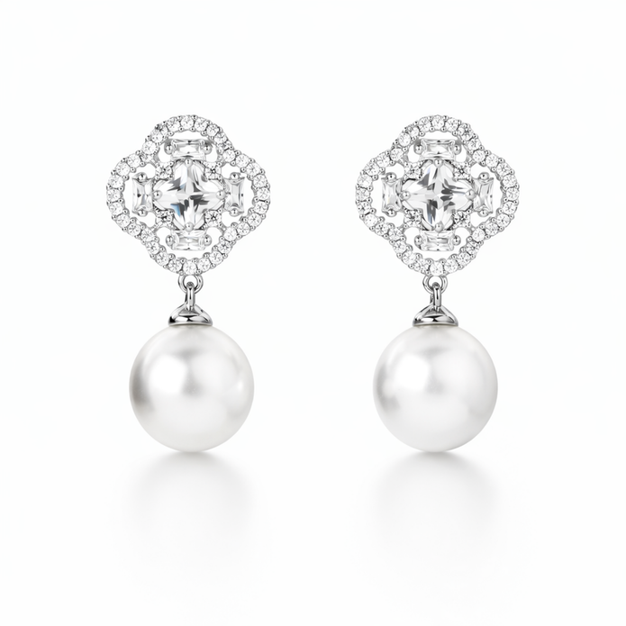 Silver Floral Pearl Drop Pendant Necklace Set