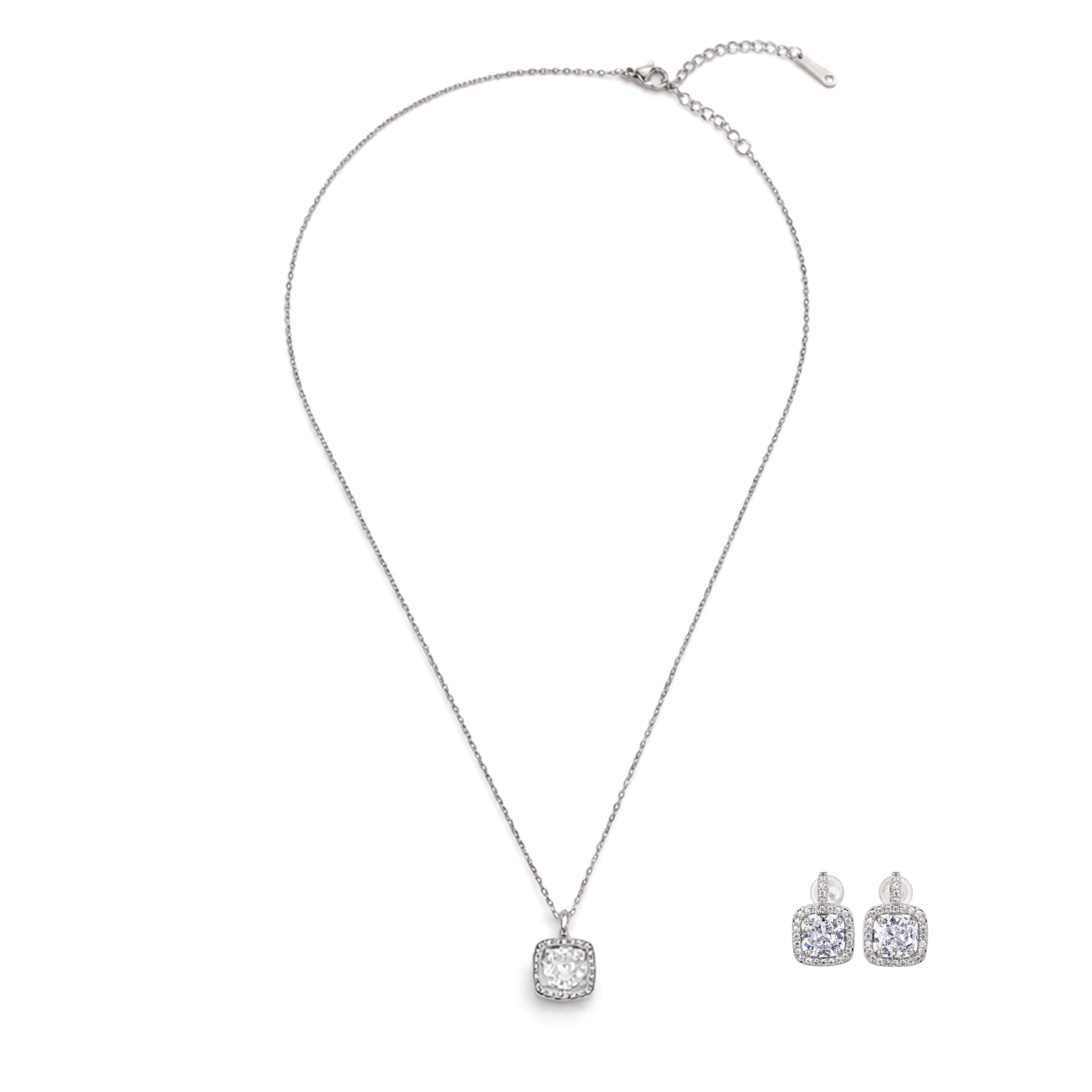 Square Cushion Halo Clear Crystal Pendant Necklace Set