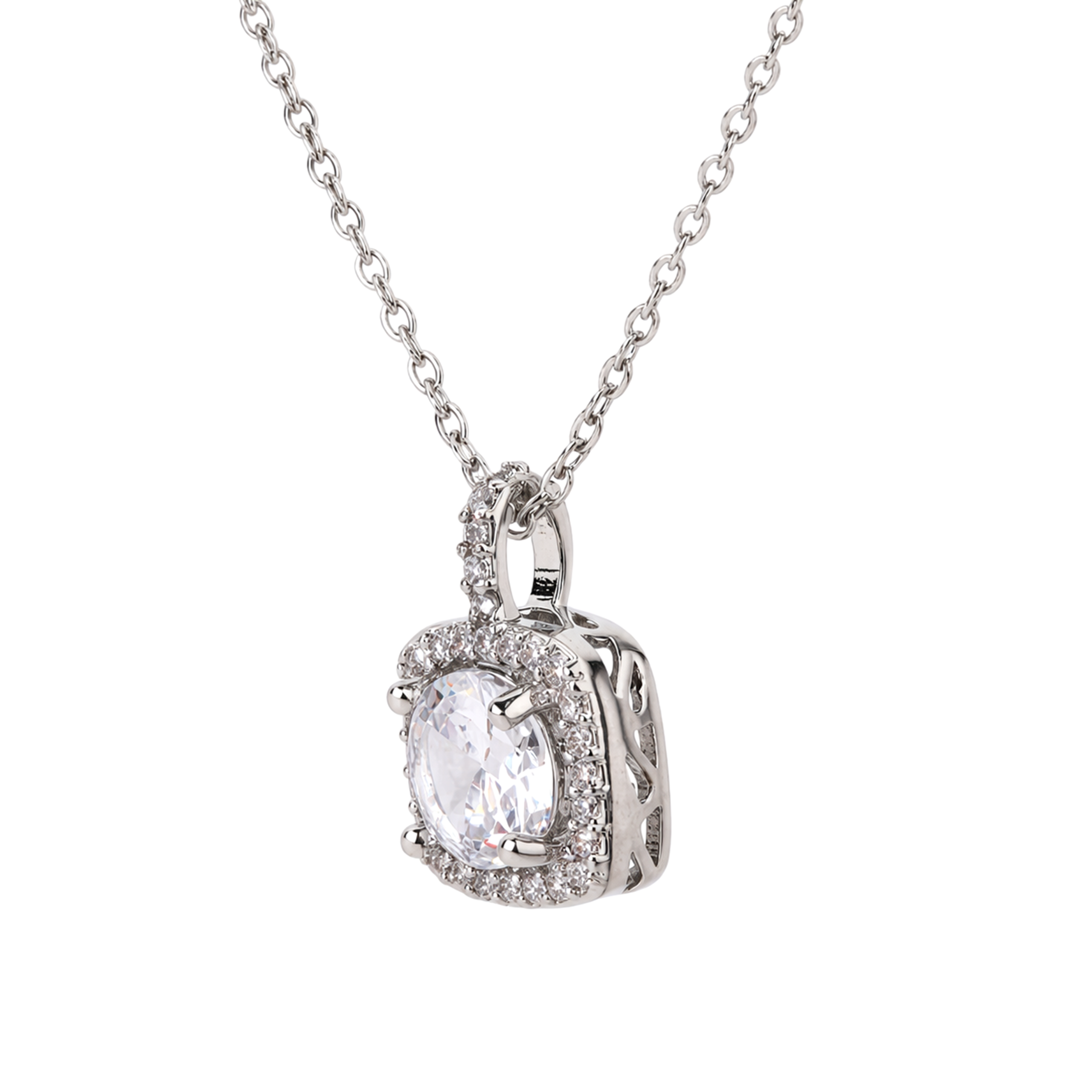 Square Cushion Halo Clear Crystal Pendant Necklace Set