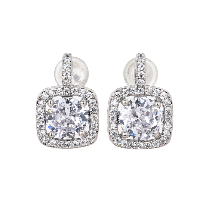 Square Cushion Halo Clear Crystal Pendant Necklace Set