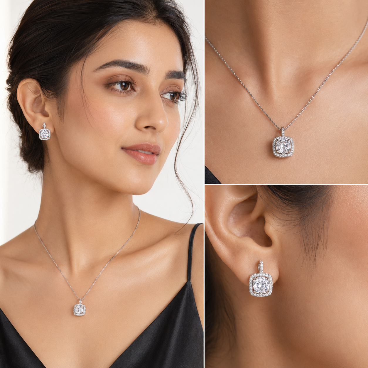 Square Cushion Halo Clear Crystal Pendant Necklace Set