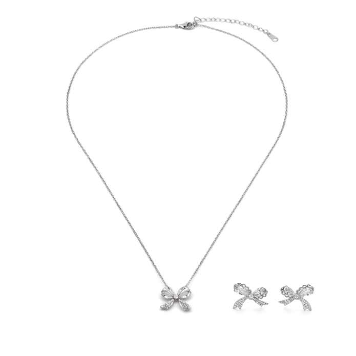 Crystal Bow Silver Pendant Necklace Earring Set