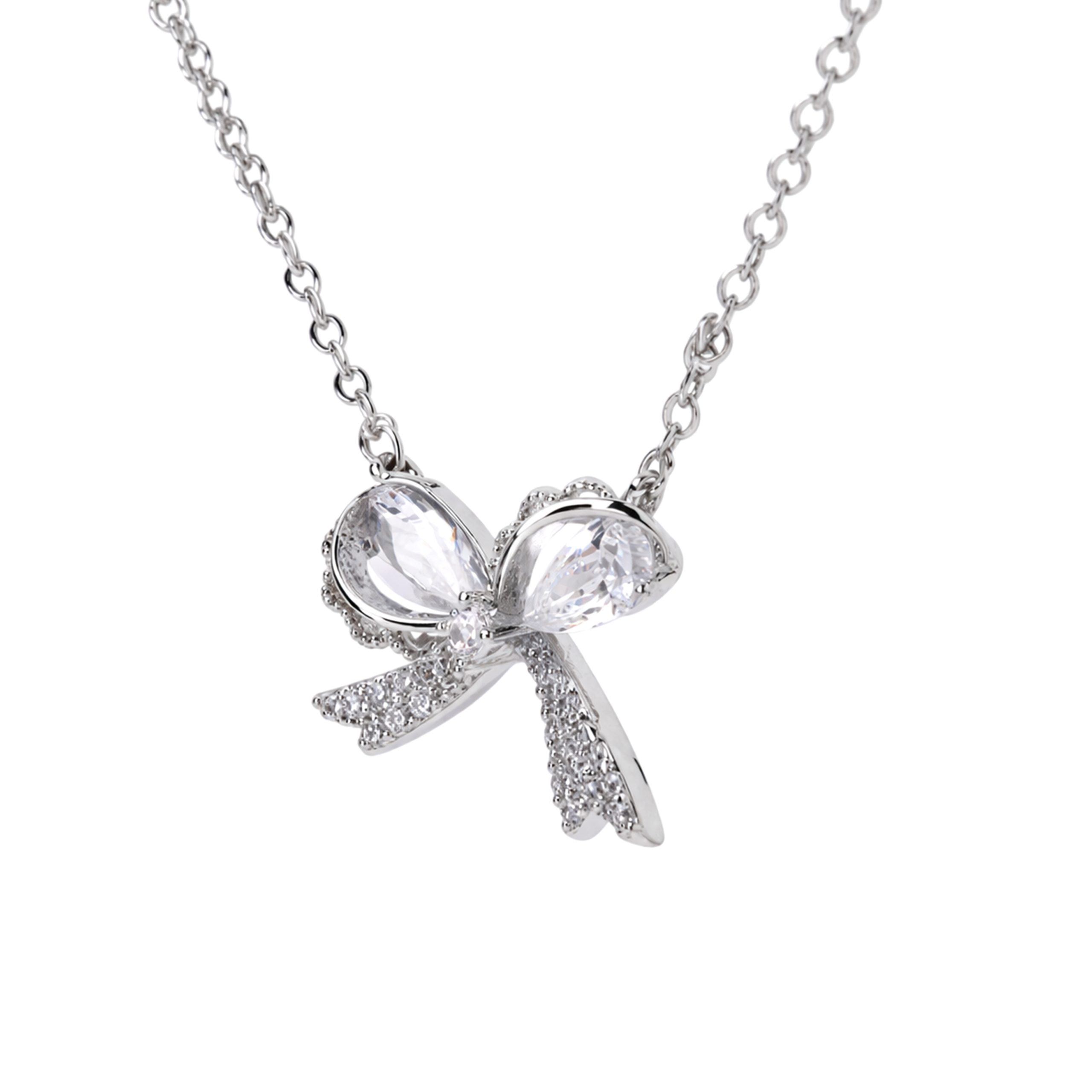 Crystal Bow Silver Pendant Necklace Earring Set