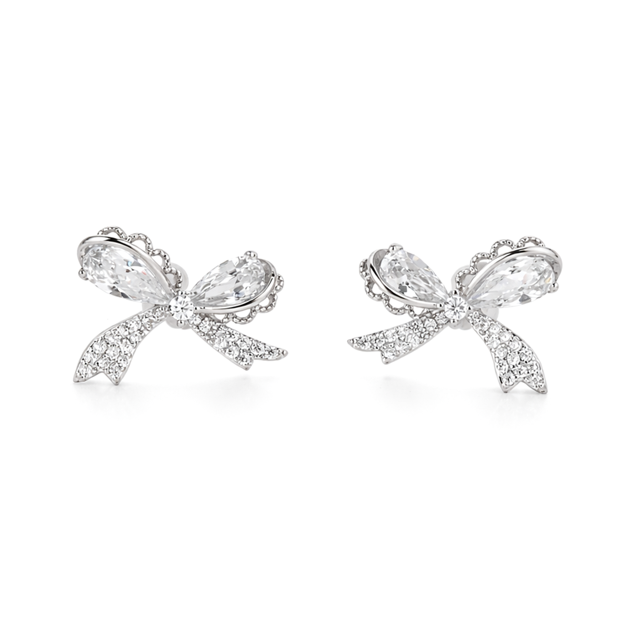 Crystal Bow Silver Pendant Necklace Earring Set