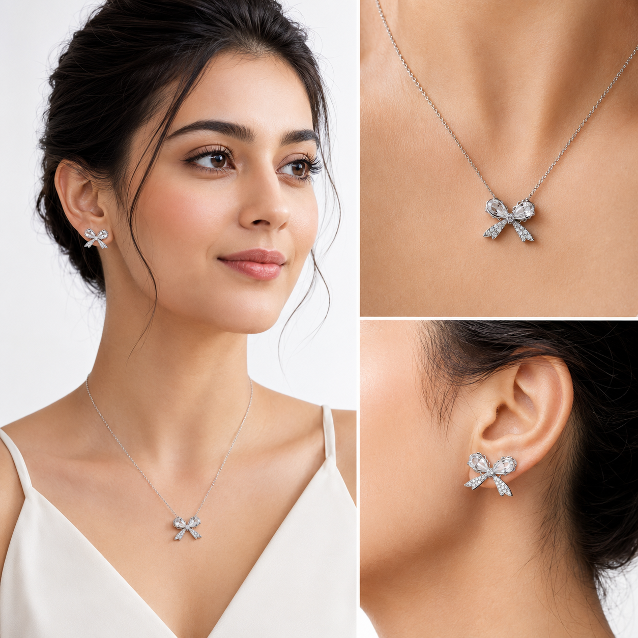 Crystal Bow Silver Pendant Necklace Earring Set