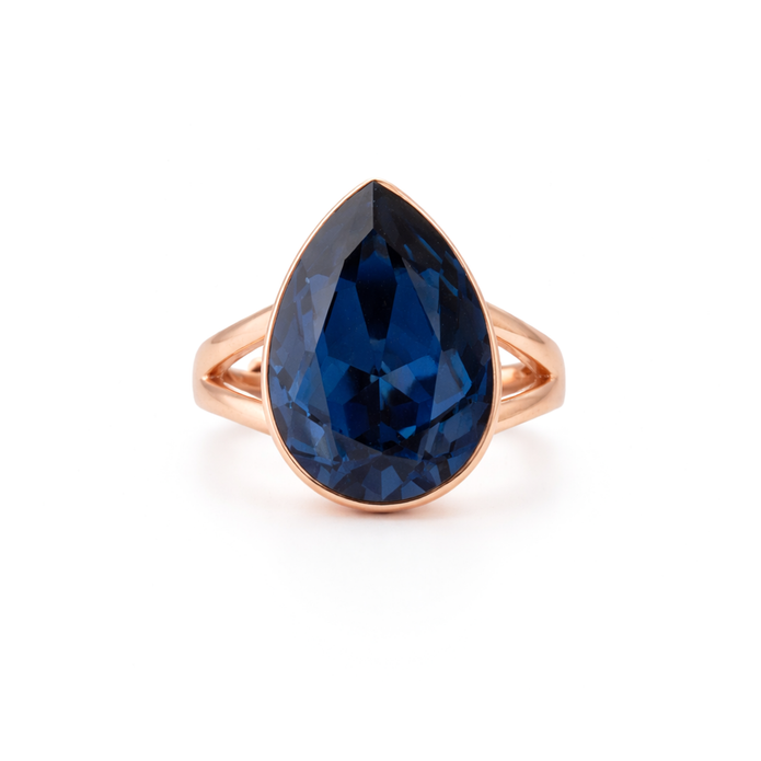 Pear-Cut Crystal Solitaire Ring - Deep Blue