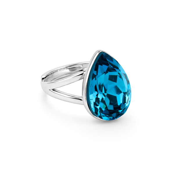 Pear-Cut Crystal Solitaire Ring - Aqua Blue