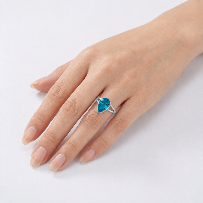 Pear-Cut Crystal Solitaire Ring - Aqua Blue