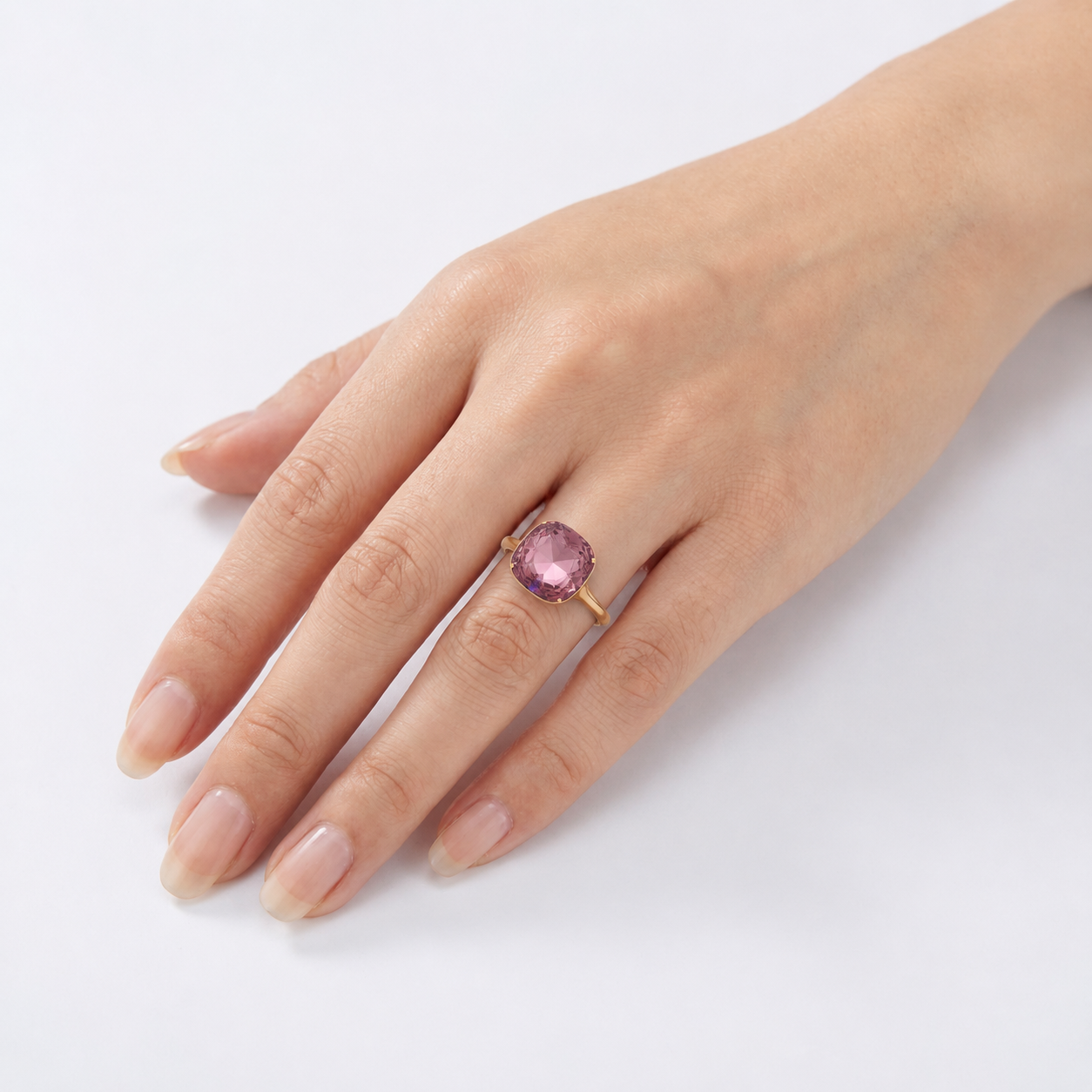 Cushion & Oval Crystal Solitaire Ring - Rose Quartz
