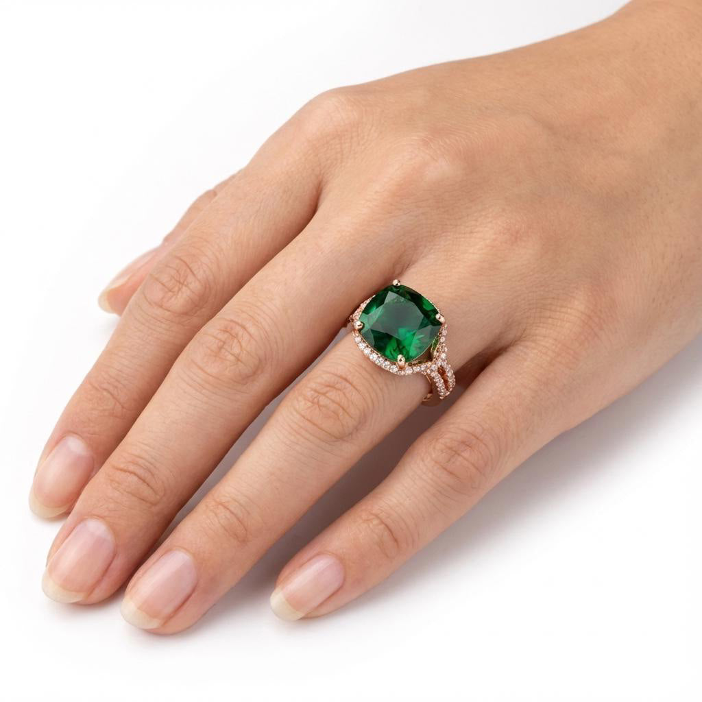 Halo Cushion Crystal Ring - Emerald Green