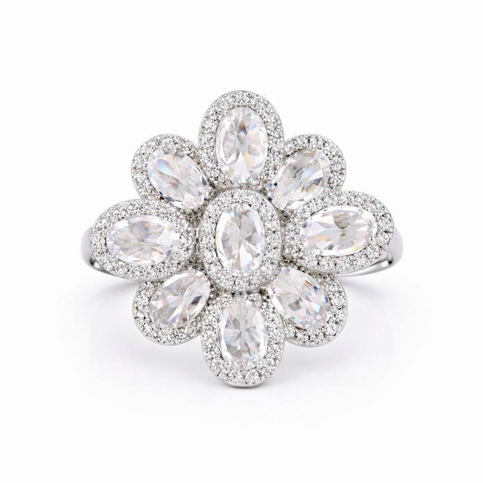 White Blossom Oval Cluster Ring