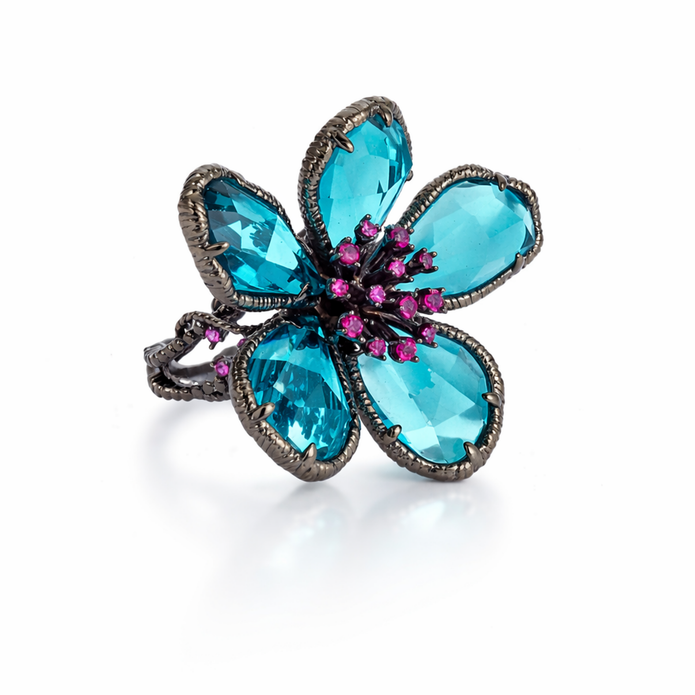 Midnight Teal Blossom Ring