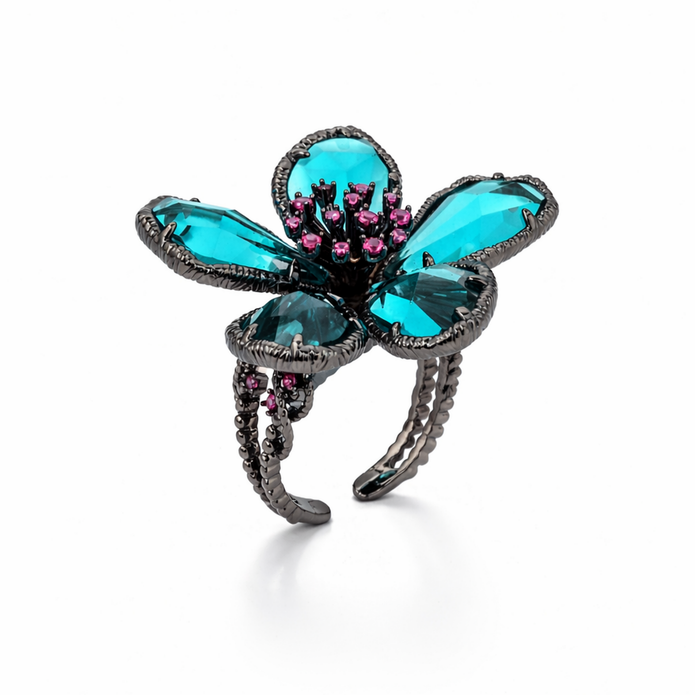 Midnight Teal Blossom Ring