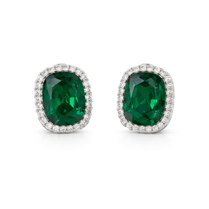 Halo Cushion-Cut Stud Earrings - Emerald Green
