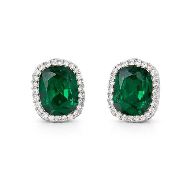 Halo Cushion-Cut Stud Earrings - Emerald Green